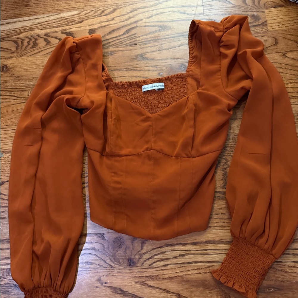 Abercrombie & Fitch Women's Rust Orange Puff-Sleeve Square Neck Top